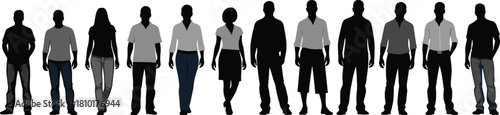 Silhouette lineup of diverse people in various clothing styles and postures, fashion mix, demographic variety, black vector illustration.