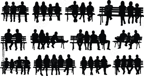 Silhouette collection of people sitting on park benches in various poses, social interactions, relaxing, resting, and casual outdoor scenes.
