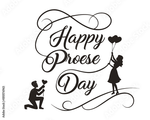 Happy Proese Day illustration featuring a kneeling man offering a heart and a woman with balloons celebrating the occasion in black and white