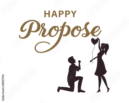 Romantic proposal illustration with man kneeling and woman holding heart balloon vector design for engagement announcements