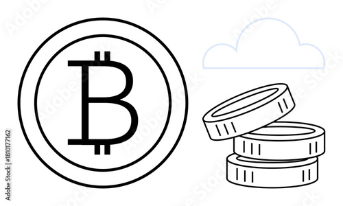 Bitcoin coin icon, stacked coins, and cloud outline represent cryptocurrency, blockchain, decentralization, online transactions, financial innovation, digital economy monetary technology. Flat