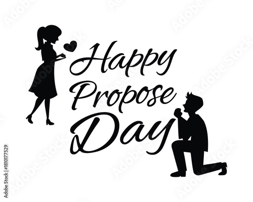 Happy Propose Day Celebration with Silhouette of Man on Knee and Woman Standing with Heart Symbol Represents Love and Commitment