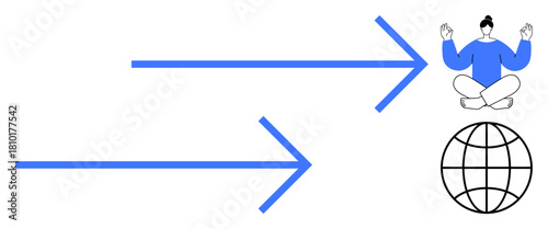 Two blue arrows lead to a meditator and globe, representing mindfulness, global perspectives, progress, harmony, focus, balance, and innovation. Ideal for guidance spirituality themes and simple