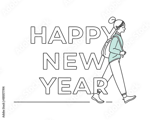 Happy New Year Linear Illustration of a Woman Walking Forward with a Backpack Ready for a Fresh Start and New Beginnings