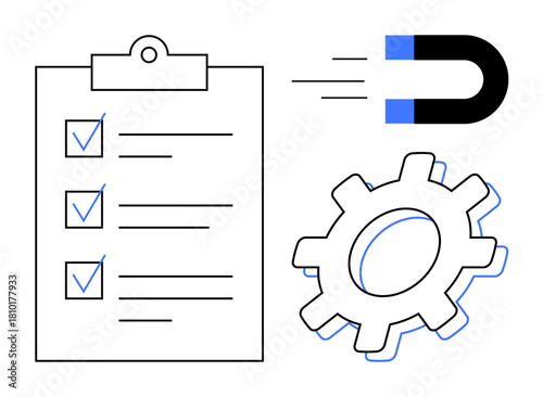 Checklist on clipboard, gear representing automation, magnet signifying customer attraction. Ideal for productivity, business strategy, workflow, task prioritization, efficiency, system development