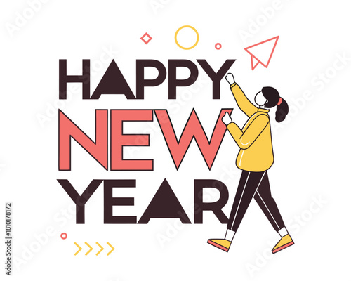 Happy New Year illustration with woman decorating and launching paper airplane representing festive celebration and hopeful beginnings for the year ahead