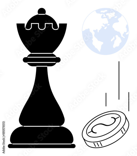 Chess piece signifies leadership globe highlights global perspective, and coin represents decisions. Ideal for strategy, leadership, business, global influence, decision-making, economy