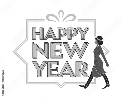 Happy New Year Vintage Style Illustration with Woman in Flapper Dress Ready for Celebration and Festive Times Ahead