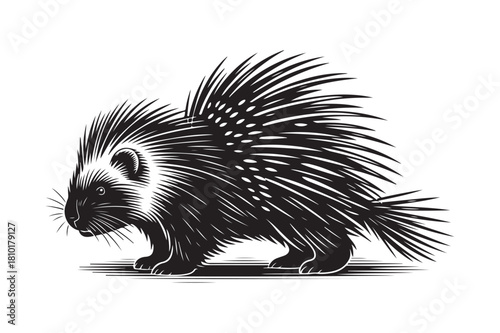 Detailed black and white illustration of a porcupine