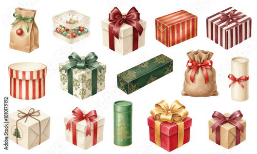 Watercolor Christmas Gift Boxes And Presents Collection