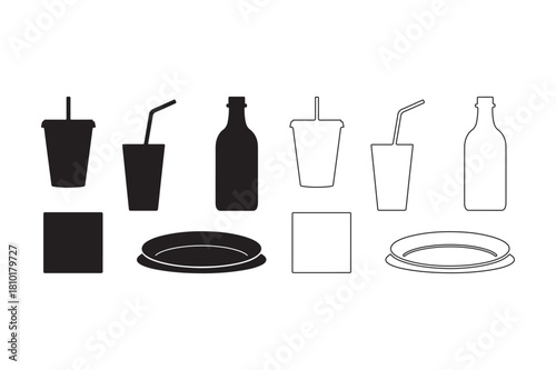 Collection of drink containers and lids in silhouette