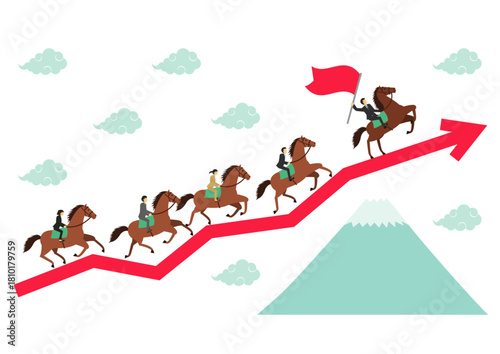 午年をイメージした矢印と富士山とビジネスマンが乗った馬が走るイラスト_男性リーダー
