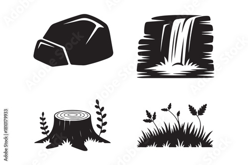 Nature elements collection rock waterfall tree stump and plants