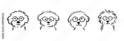 Cute Dogs With Glasses Line Icon Set In Doodle Style. Playful Pet Characters And Canine Fashion Outline Sketch Collection. Hand Drawn Isolated Vector Illustration