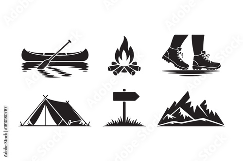 Outdoor adventure icons featuring canoe tent campfire mountains and hiking boots