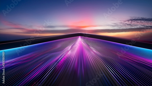 This image features a stunning, futuristic perspective of a structure or surface that dramatically converges towards a central vanishing point, set against a vibrant sunset sky. The composition is dom