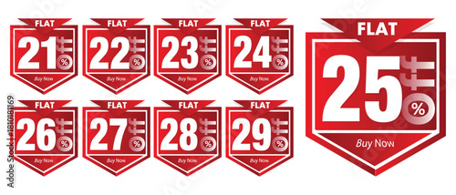 A collection of red vector sale stickers for Flat 21% to 29% off. Excellent for flash sales, holiday promotions, and attractive product discounts.