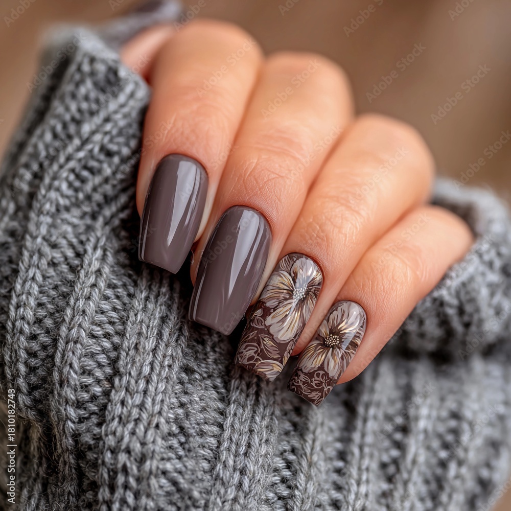 Obraz premium Elegant manicure featuring floral designs on dark gray nails in a cozy setting