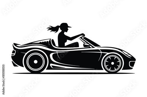 Silhouette of a woman driving a convertible sports car