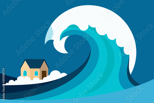 Moonlight silhouette of a house by the ocean with a boat and blue sky