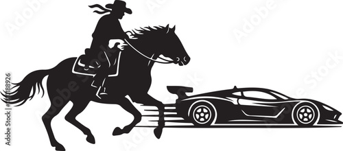 Cowboy on horse and modern sports car in contrasting black silhouette. old meets new, tradition versus innovation, past and future of speed.