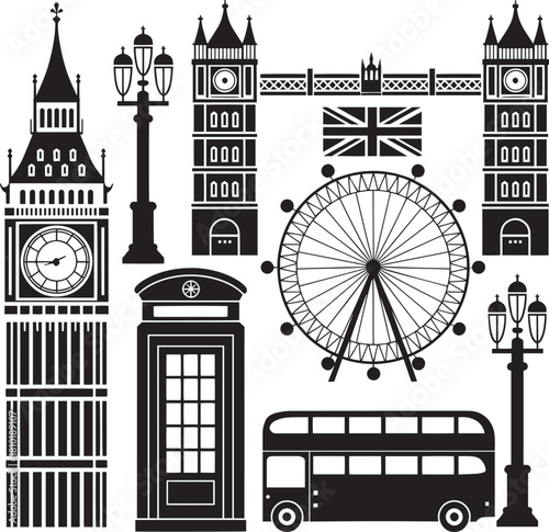 London skyline silhouette with landmarks and famous destinations like big ben tower