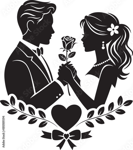 Silhouette of Couple in Love Holding Rose Flower with Heart and Laurel Wreath