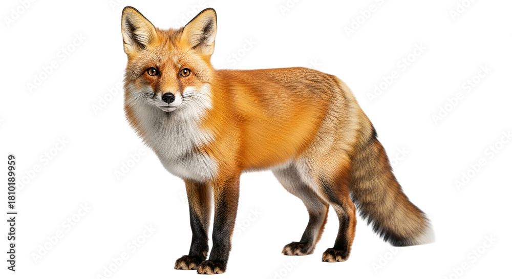 Fototapeta premium Realistic Illustration of a Majestic Red Fox Standing in a Side Profile View with Thick Vibrant Orange Fur and a Bushy White-Tipped Tail Isolated on a Plain White Background