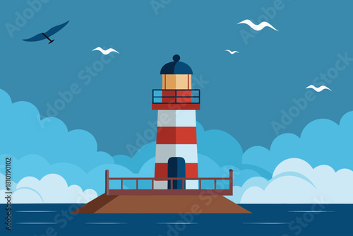 Coastal navigation beacon tower, a white landmark against the sky and ocean water, guides ships