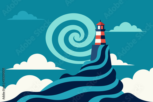 Lighthouse illustration in the sea with a ship, waves, sky, and clouds