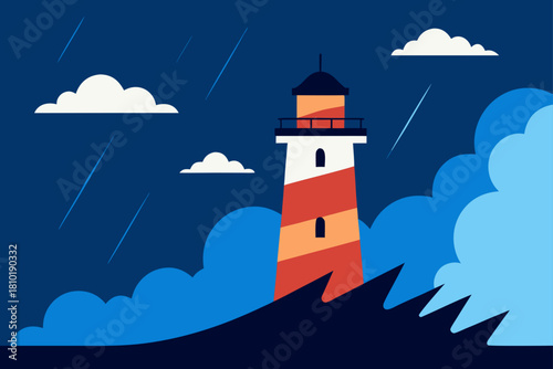 A majestic white lighthouse building stands tall against the dark sky on the coastline, its powerful beacon of light guiding navigation across the vast sea