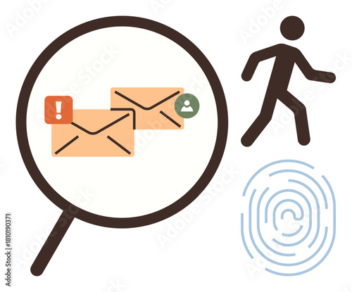 Magnifying glass examining emails with alert icons, human figure walking, and fingerprint. Ideal for cybersecurity, communication, investigation, privacy, identity, warnings digital footprint