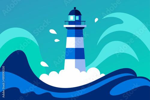 White lighthouse tower on the rugged coastline guides marine navigation with its powerful beacon light under a blue sky