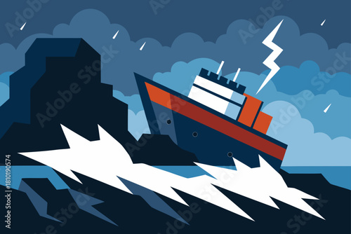 Container cargo ship silhouette vector illustration on the sea water ocean for industrial transportation