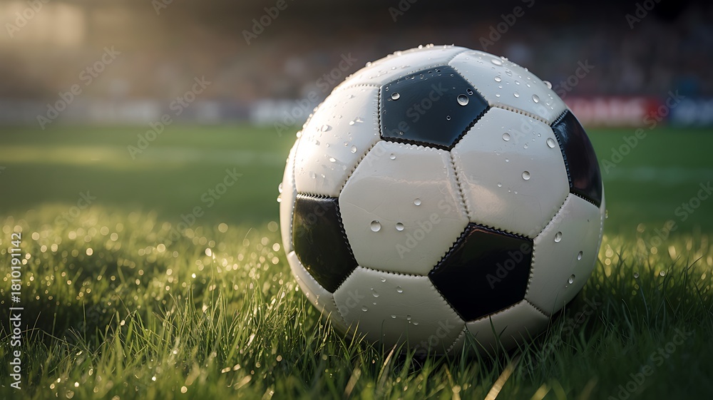 Fototapeta premium Soccer ball on green grass field for sports and play