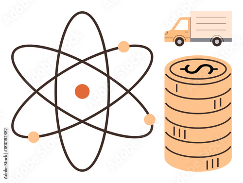 Atomic model with orbiting particles, stacked coins with dollar symbol, and delivery truck. Ideal for science, finance, logistics, economy, trade progress and technology. Simple flat metaphor