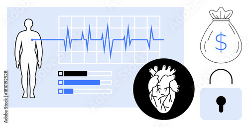 Human outline with heartbeat graph, checklist, anatomical heart, money bag, and lock. Ideal for healthcare, data security, finance technology insurance wellness innovation. Simple flat metaphor