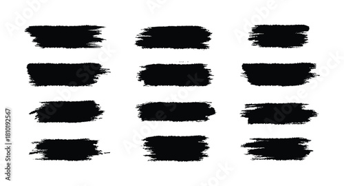 Set of twelve black grunge paint brush strokes and smears for artistic design element vector illustration