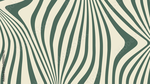 Abstract simple seamless pattern with wavy vertical stripes in dark green and beige, creating a retro psychedelic optical illusion background texture vector illustration