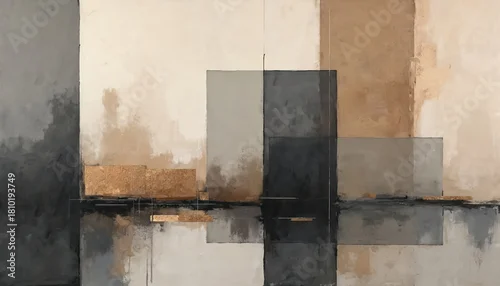 Panel kuchenny z motywem Abstract geometric painting shows rectangular shapes, lines. Muted beige, brown, light grey, dark grey, black create stylish modern art design. Textured gold accents add visual interest, depth.