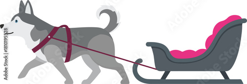 Siberian husky sled dog pulling a cartoon winter sleigh with pink cushion, perfect for holiday, sport, or adventure concepts.