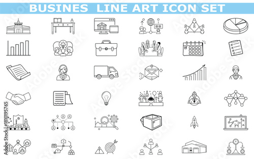 Business Line Art Icon Set – Minimal Corporate Symbols, Office Management, Startup, Finance, and Strategy Outline Vector Collection