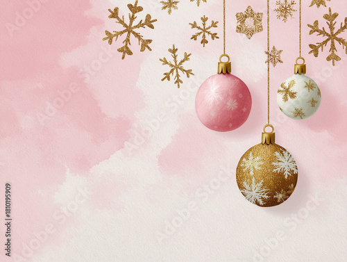 pink watercolor background with gold glitter snowflakes and christmas ornaments 