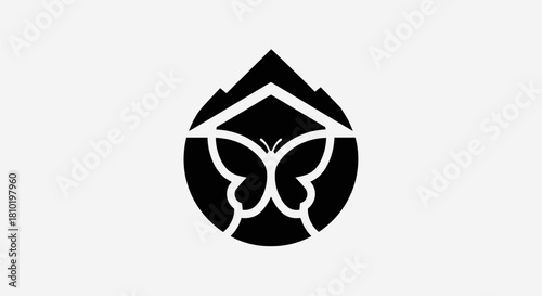 Abstract butterfly and home symbol in black and white design