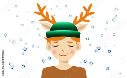 Cute antler-hat child in snow, orange hair and closed smile — joyful cartoon vector for icons, invites, packaging, branding