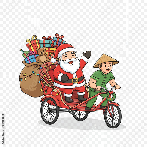 Santa Claus in a Rickshaw with Presents - Festive Asian-Inspired Christmas Delivery