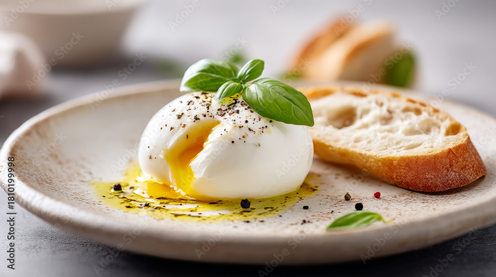 Fototapeta premium Fresh burrata with olive oil drizzle on ceramic plate for gourmet presentation