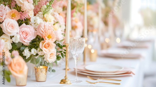 Elegant wedding table centerpiece with lush pink and white flowers for romantic celebration