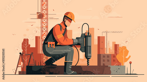 flat vector illustration of a construction site with an construction worker operating a jackhammer. the design style is flat, with simple elements, flat color blocks, bright colors, a simple backgroun