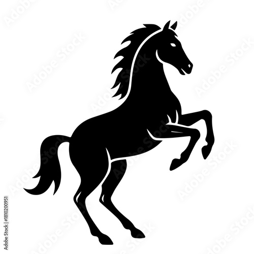 Horse silhouette, side view. Isolated black flat element of rearing, jumping, trotting, horse on white background. Vector icon, logo, illustration.

